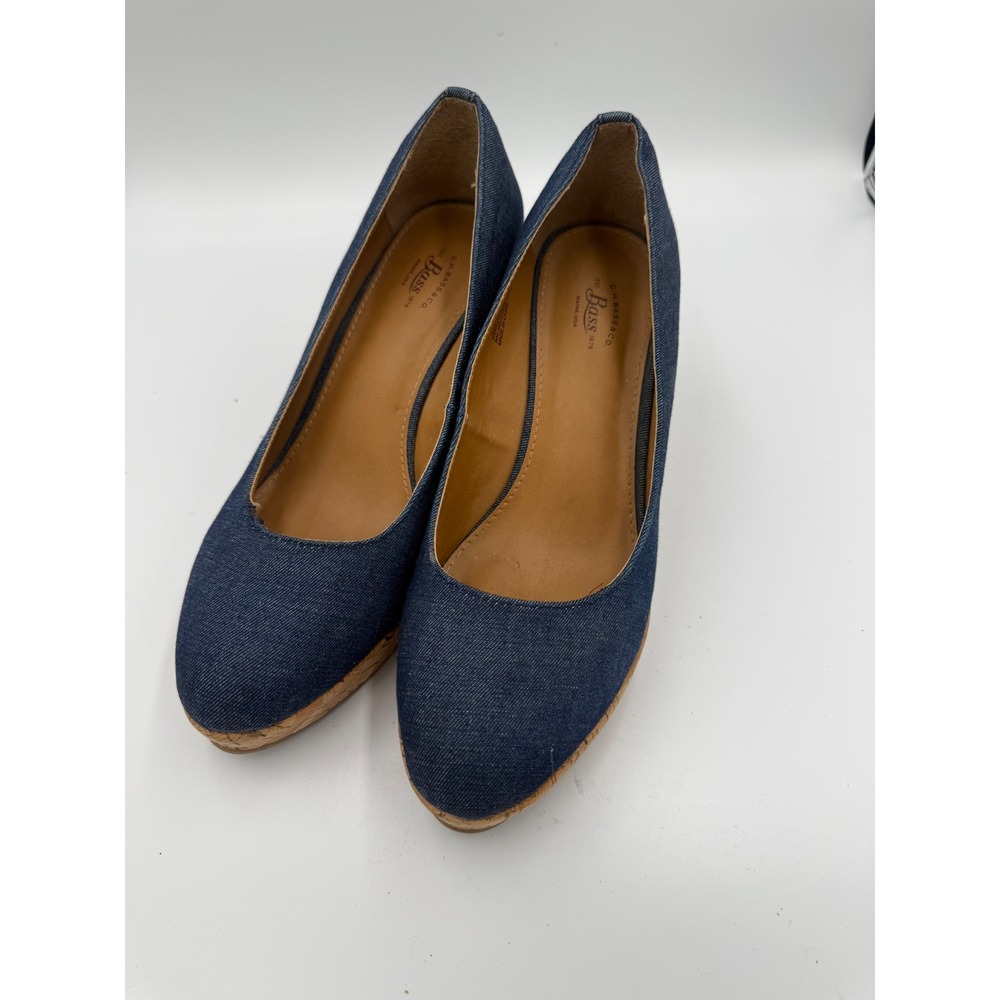 GH Bass & Co Womens Denim Cork Wedge Pumps Dark Wash Blue Round Toe Shoes